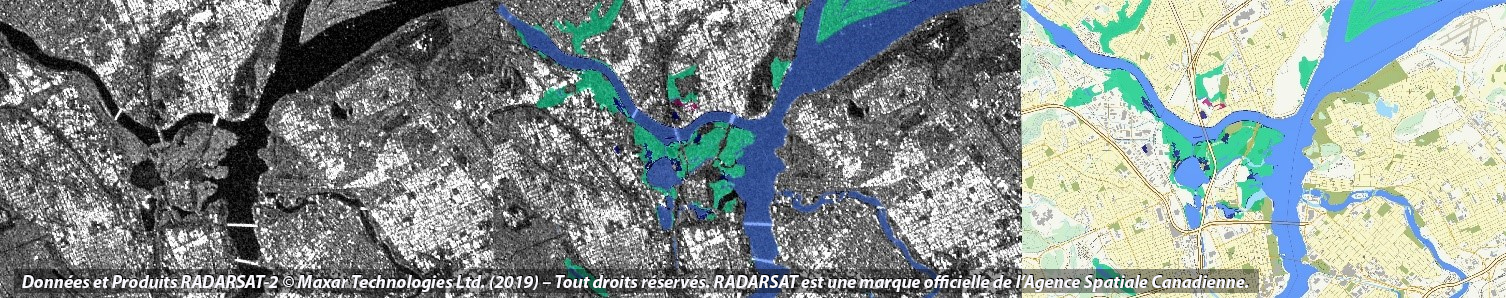 From left to right: a raw satellite image of Gatineau/ Ottawa flooding April 22, then with a first layer of flood analysis applied, and then final mapping product.